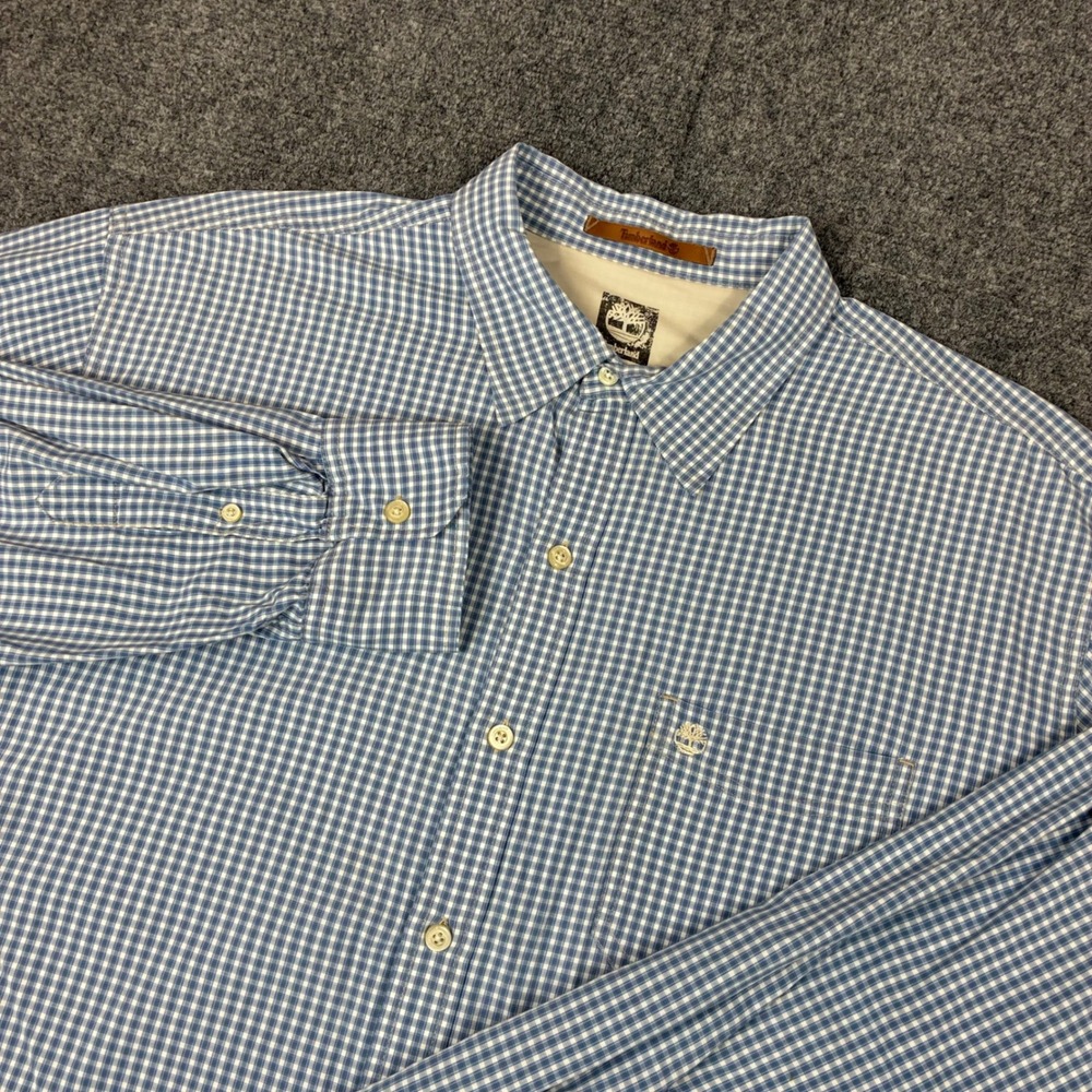 Timberland Mens XL Blue White Gingham Plaid Long Sleeve Button Down Cotton Shirt